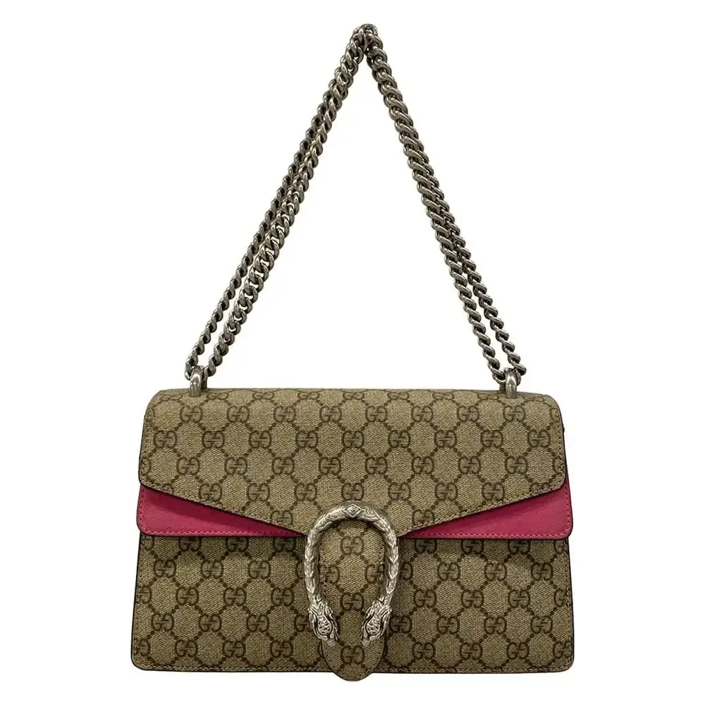 Gucci Dionysus Shoulder Bag 400249 Beige Dark Brown Pink PVC Suede